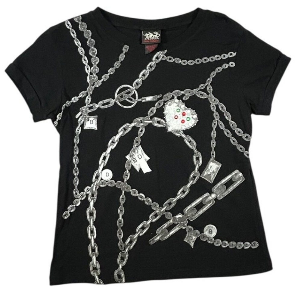 Biker Design Black Chain Graphic Tee Heart Rhinestone Short Sleeve XL Womens